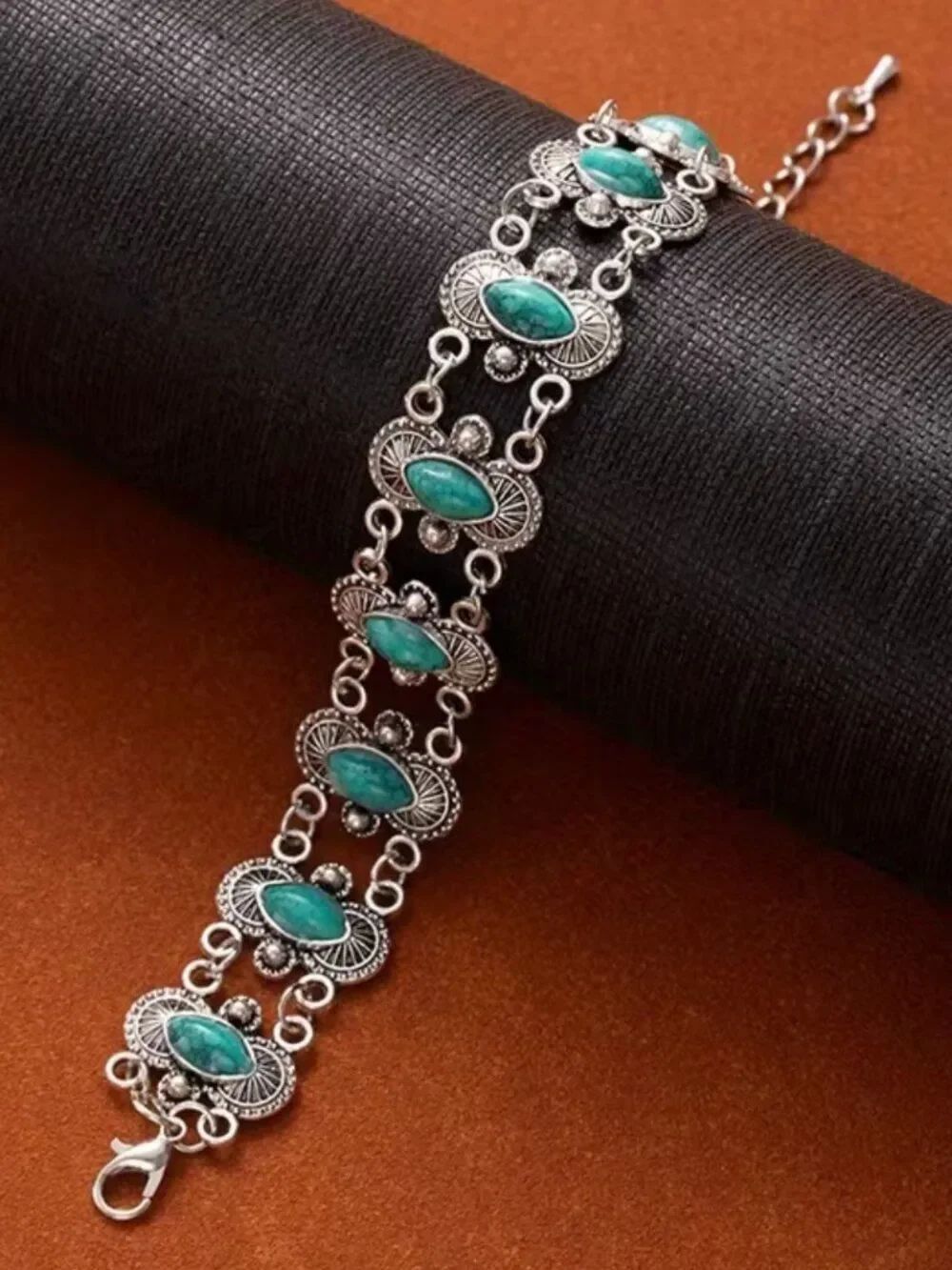 Vintage Bohemian Turquoise Marquise Link Bracelet Southwestern Filigree Jewelry - Picture 3 of 4